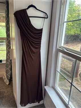 Zara Elegant One-Shoulder Brown Evening Dress M